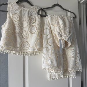 Cream Crochet Two-Piece Set with Pom Trim